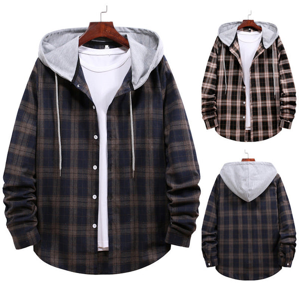 Men's Autumn Youth Casual Cardigan Plaid Hooded Jacket
