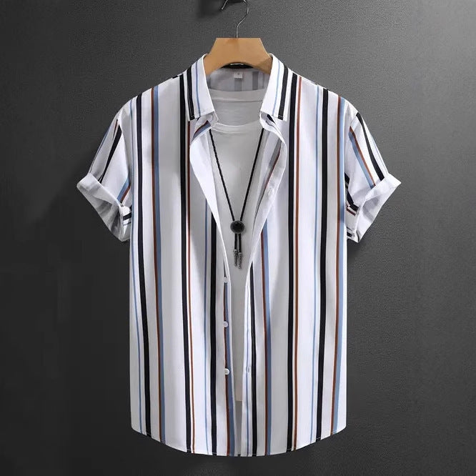 Men's Stripes Short Sleeve Stand Collar Shirt