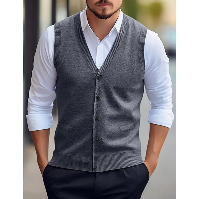 Sleeveless Four Seasons Wool Knit Cardigan Men's Vest
