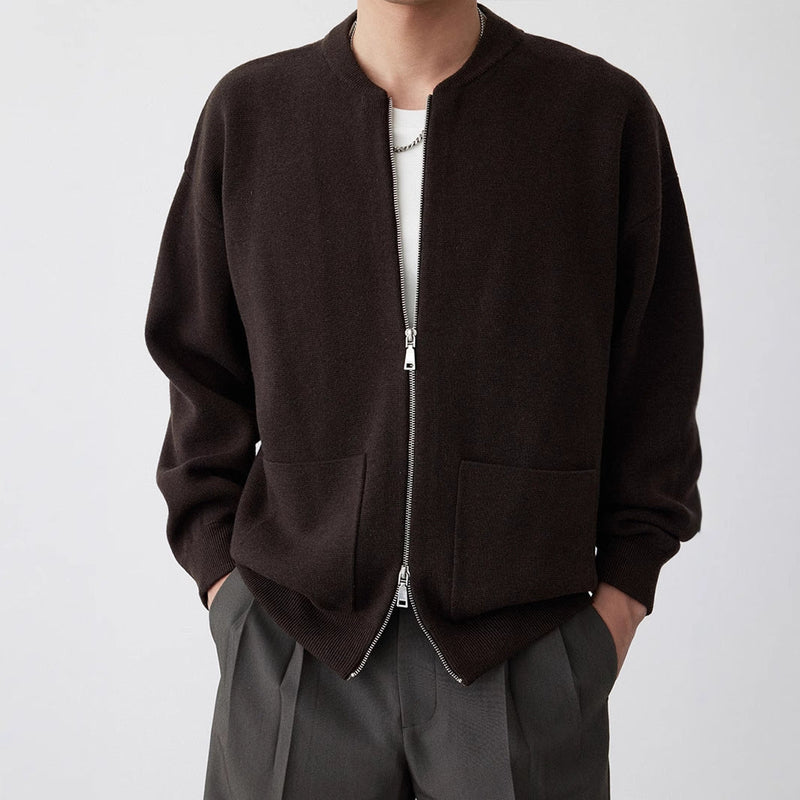 Heavy Two-way Zipper Knitted Cardigan Baseball Collar Sweater