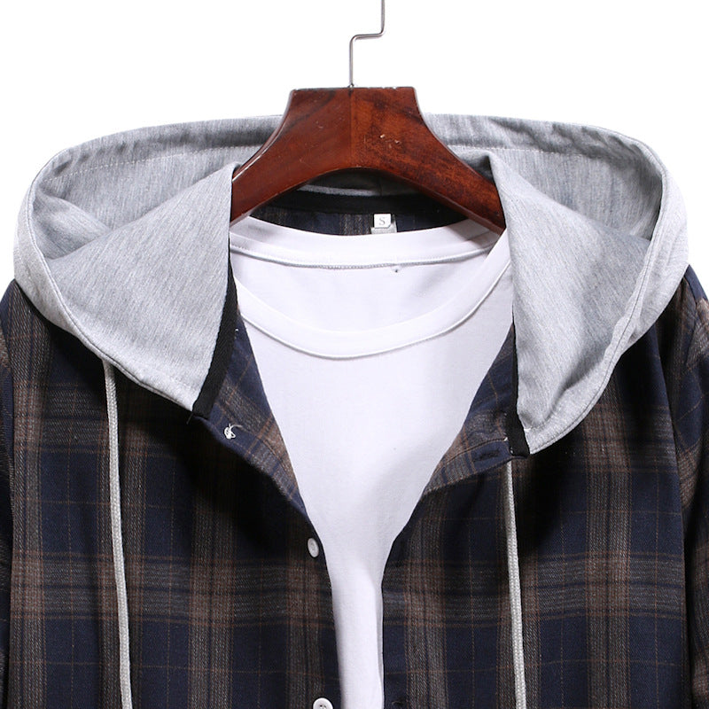 Men's Autumn Youth Casual Cardigan Plaid Hooded Jacket