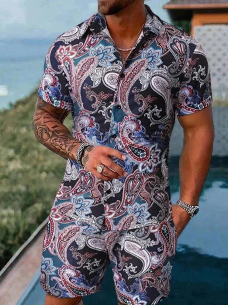 Men's Polo Collar 3D Printed Casual Slim Fit Shirt Shorts Suit