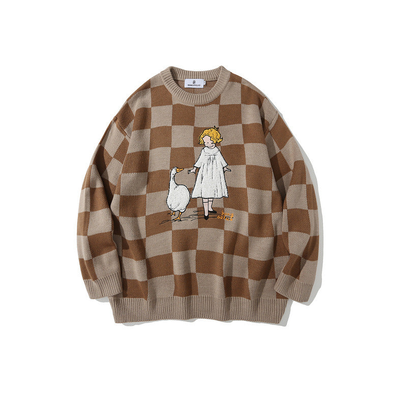 Men's Color Block Plaid Crew Neck Sweater