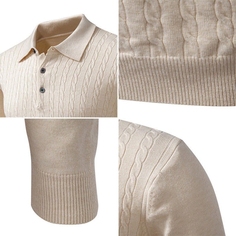 Twisted Flower Cardigan Solid Color Polo Collar Knitted Sweater Men