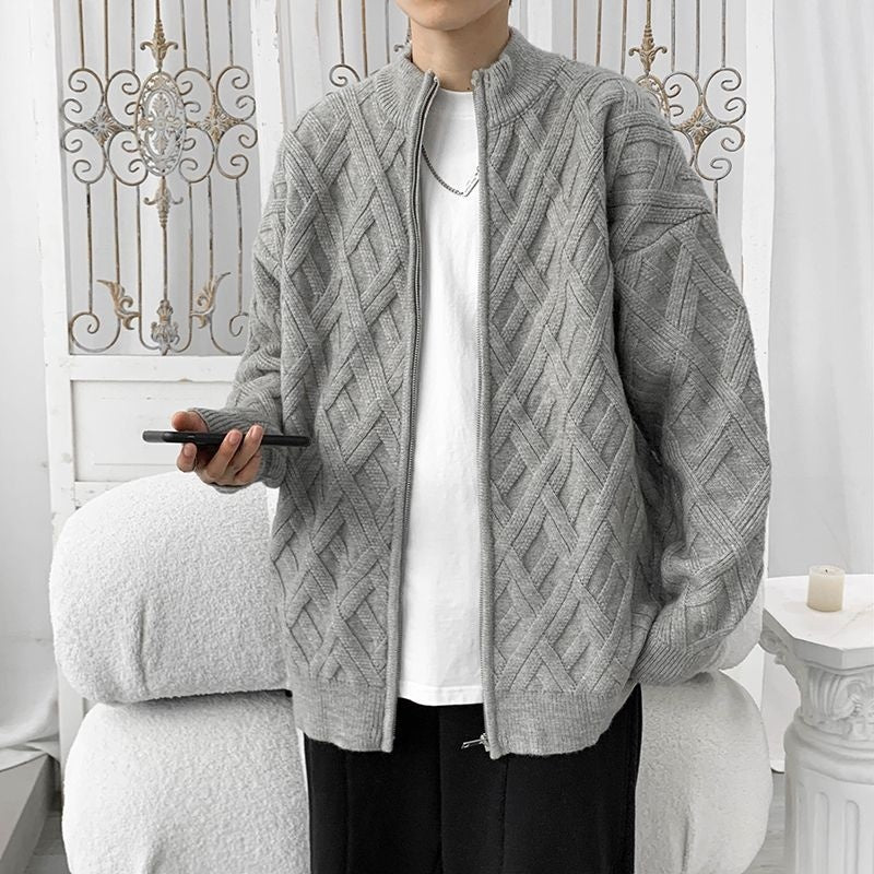 Stand Collar Autumn And Winter Cardigan Cable-knit Sweater Men