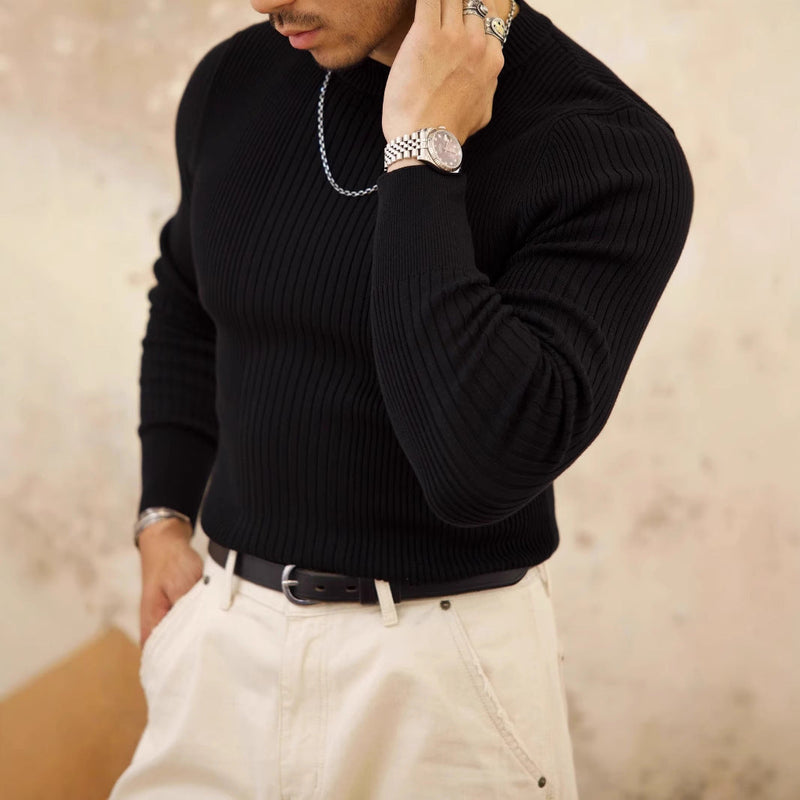 Men's Round Neck Solid Color Striped Long-sleeved Sweater