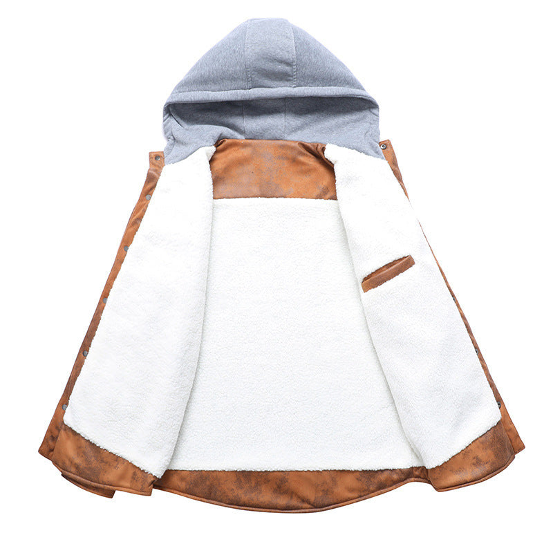 Men's Casual Leather Jacket With Hood And Cashmere