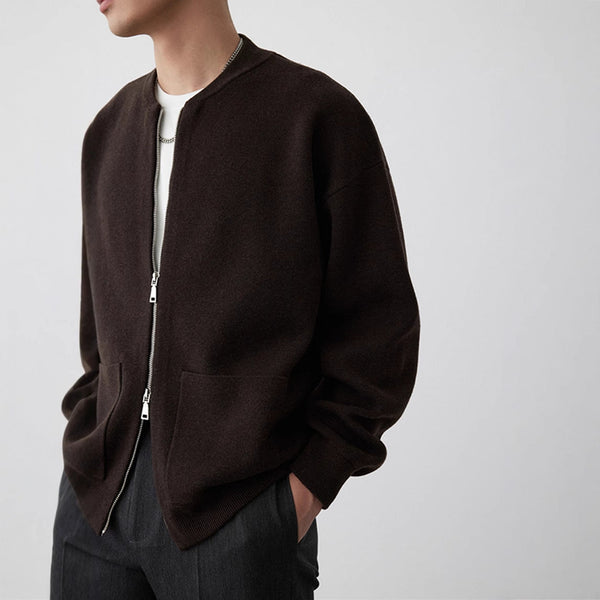 Heavy Two-way Zipper Knitted Cardigan Baseball Collar Sweater