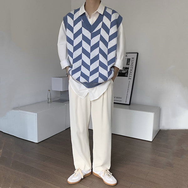 Simple Literary And Artistic Diamond Lattice Casual V-neck Vest For Men