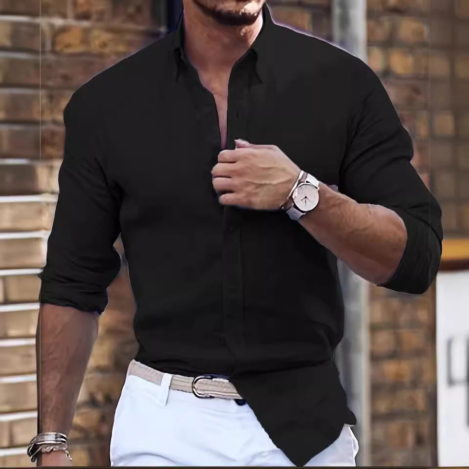 Cotton Solid Color Polo Collar Casual Style Shirt