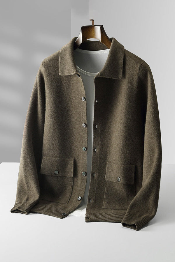 Men's Polo Collar Solid Color Wool Cardigan Winter Coat