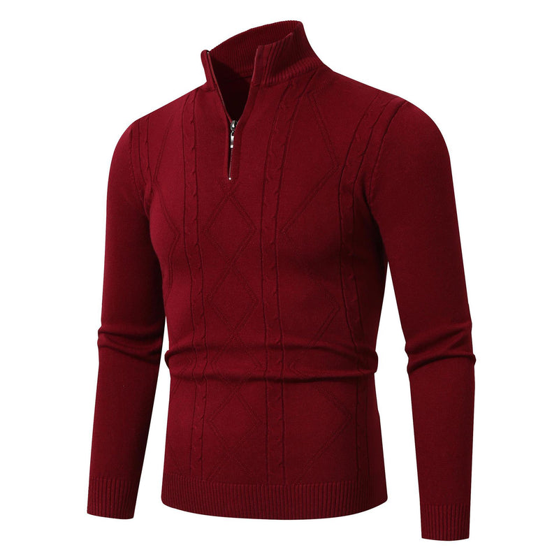 Rhombus Men's Casual Stand Collar Long Sleeve Half Zipper Sweater