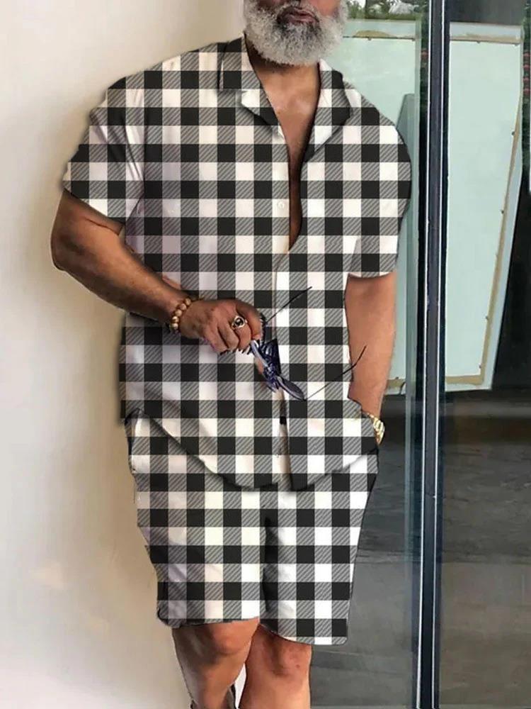 Men's Polo Collar 3D Printed Casual Slim Fit Shirt Shorts Suit