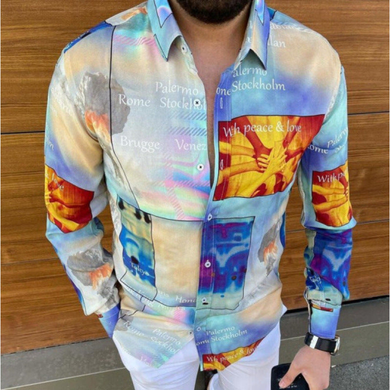 European And American Men's Long-sleeved Casual Printing Shirt