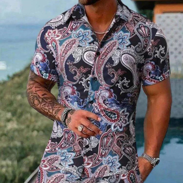 Men's Polo Collar 3D Printed Casual Slim Fit Shirt Shorts Suit
