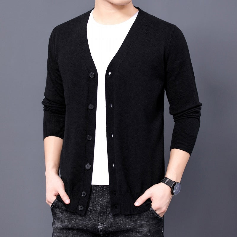 Men's Knitted Cardigan Solid Color And V-neck Sweater Coat For Men