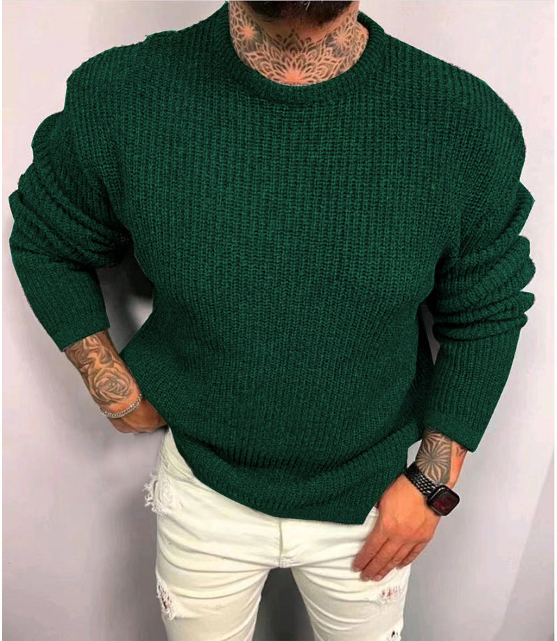 Men's Solid Color Waffle Round Neck Pullover sweater