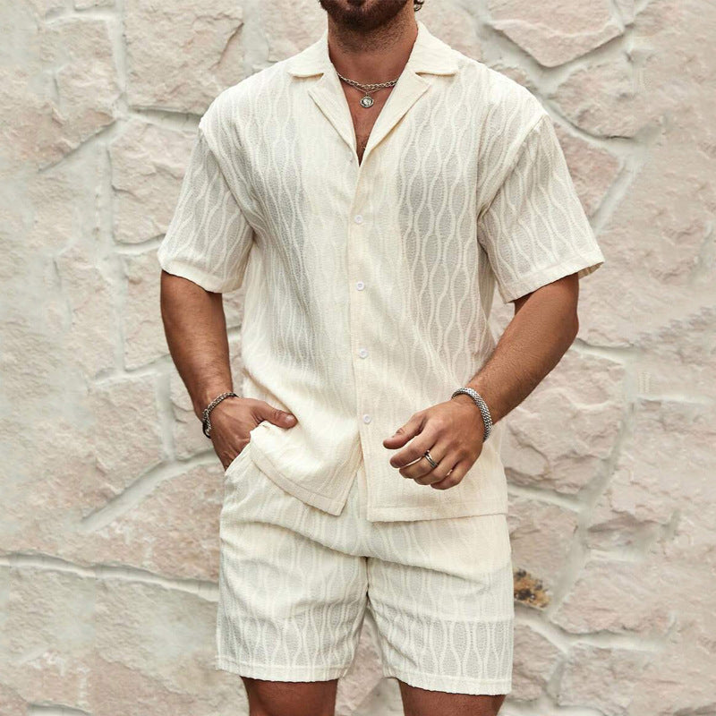Men Summer Solid Loose Casual Two Pieces Lapel Button summer set