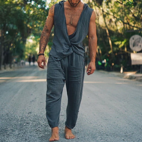 Cotton And Linen Sleeveless Hooded Vest Casual JumpSuit