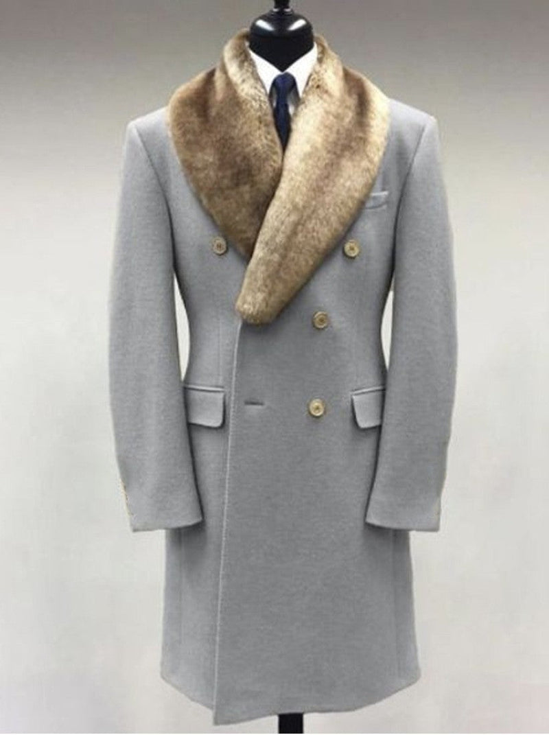 Men Woolen Polo Collar Solid Color Mid-length Pocket Casual Coat