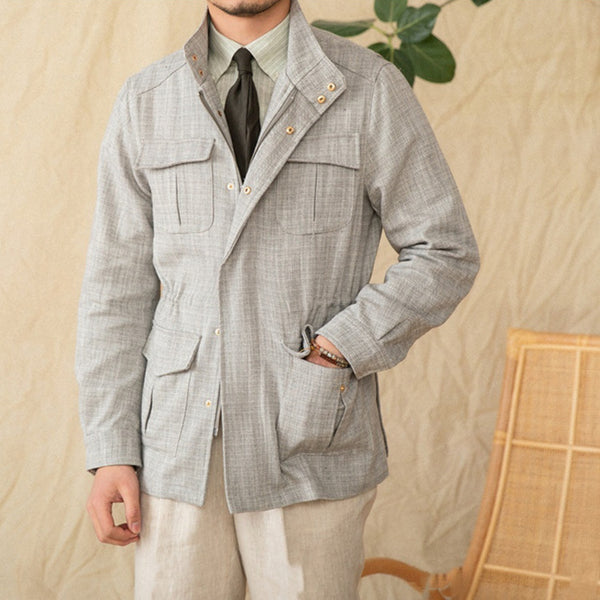 Cotton And Linen Stand-up Collar Cinched Safari Jacket
