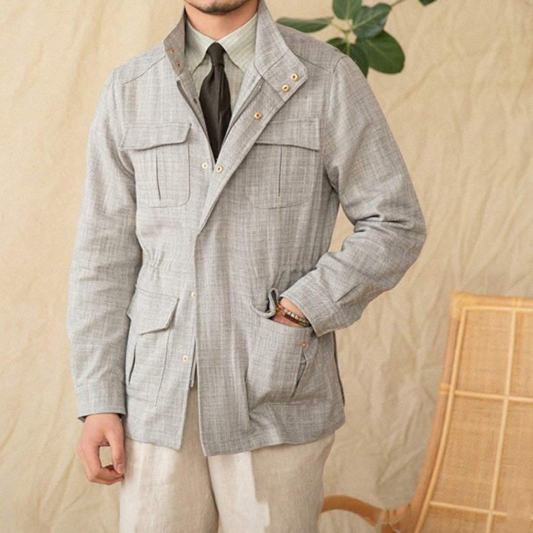 Cotton And Linen Stand-up Collar Cinched Safari Jacket