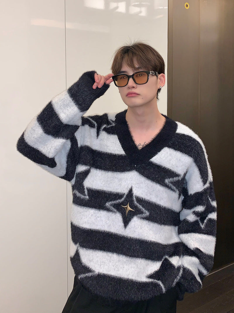 Striped Contrasting Color V-neck Sweater Men Loose Casual Style