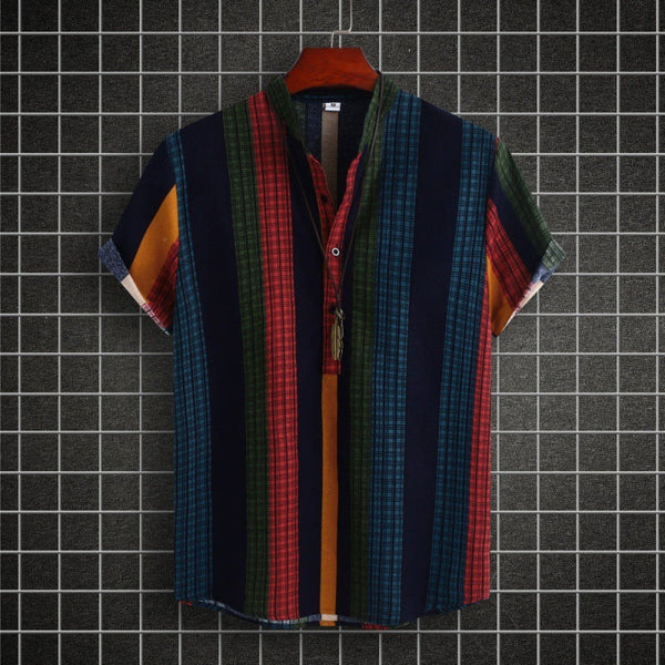 Men's Stand Collar Ethnic Style Striped Cotton-linen Shirt