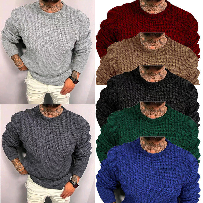 Men's Solid Color Waffle Round Neck Pullover sweater