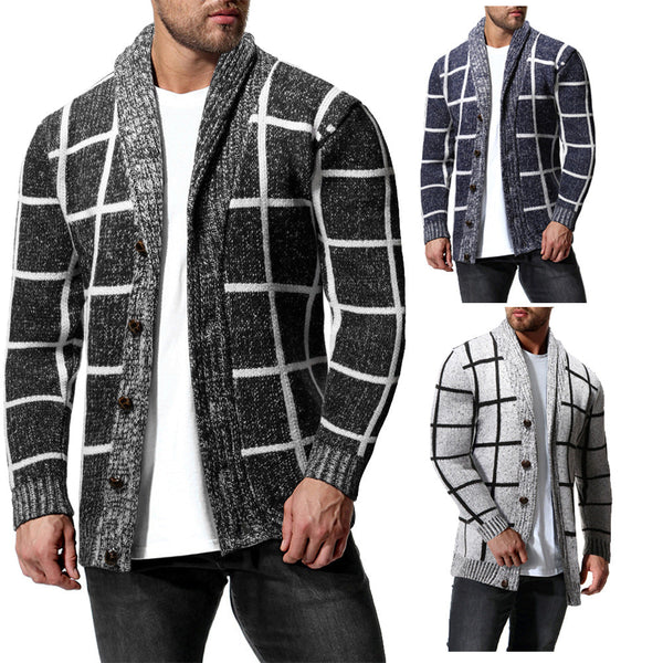 Men's Winter Color Matching Plaid Cardigan Sweater