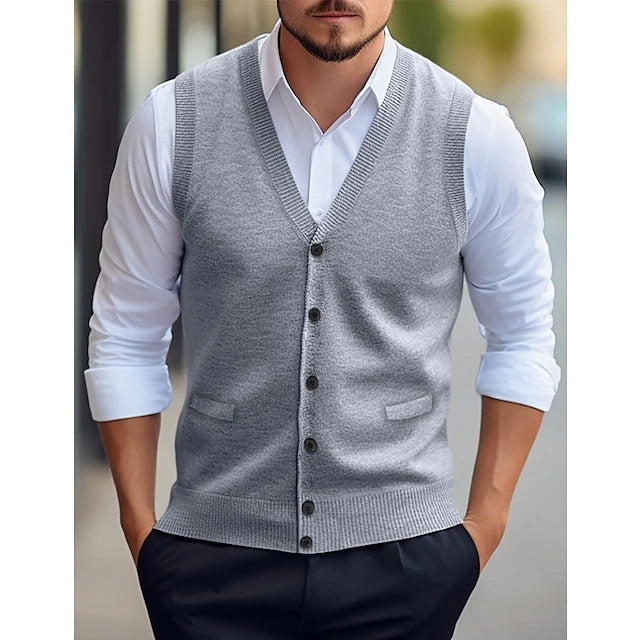 Sleeveless Four Seasons Wool Knit Cardigan Men's Vest