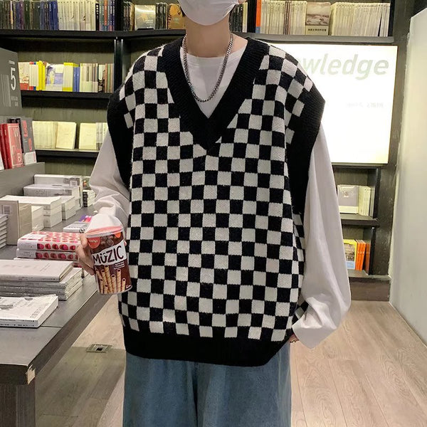 V-Neck Couple Vest Chessboard Knit Coat