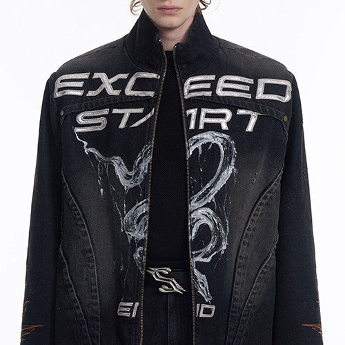 Hand-painted Snake Pattern Denim Coat Men