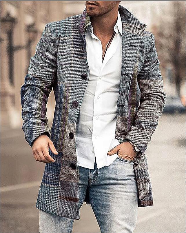 Fall Winter Men Woolen Stand Collar Mid-length trench coat