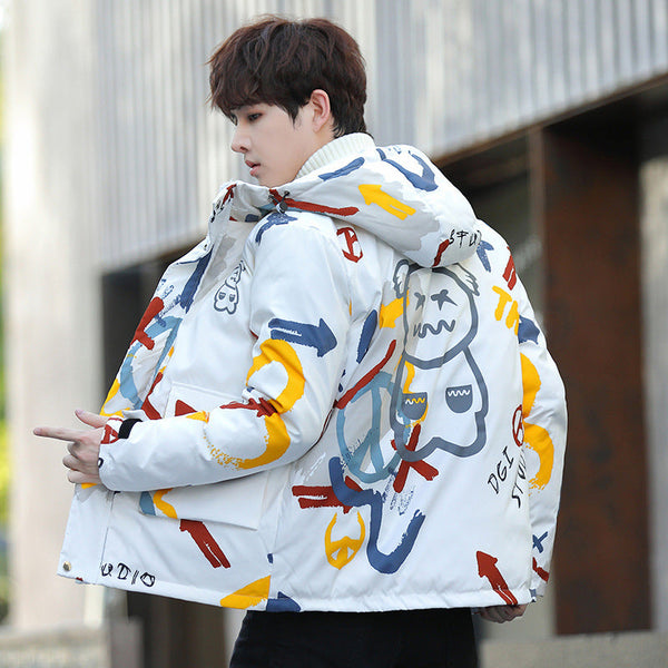 Men's Short Padded Hooded Graffiti Jacket