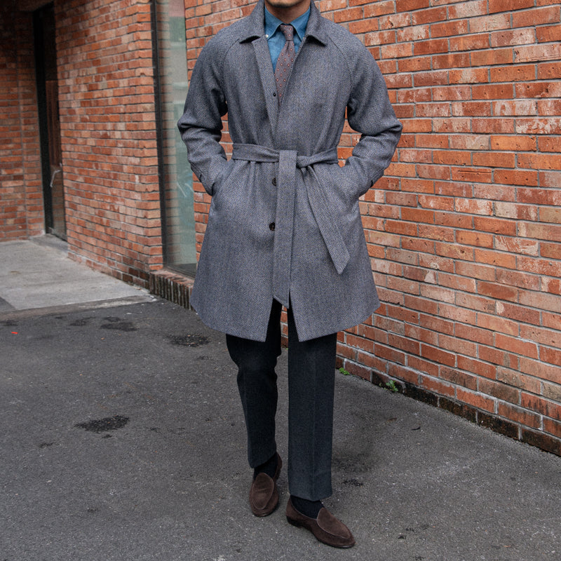 Men's Herringbone Wool Slim Fit Mid Length trench Coat