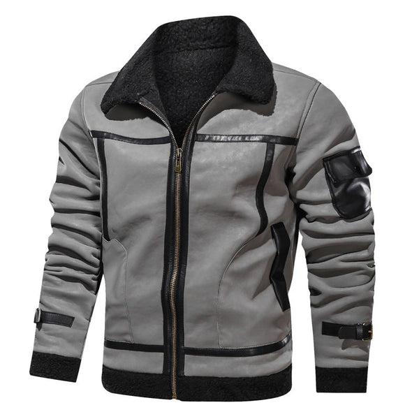 Men's European And American Style Lapel Plus Velvet Leather Jacket