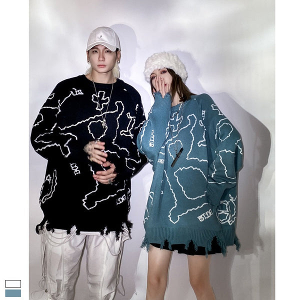 Blue Letter Jacquard Pullover Round Neck Winter sweater