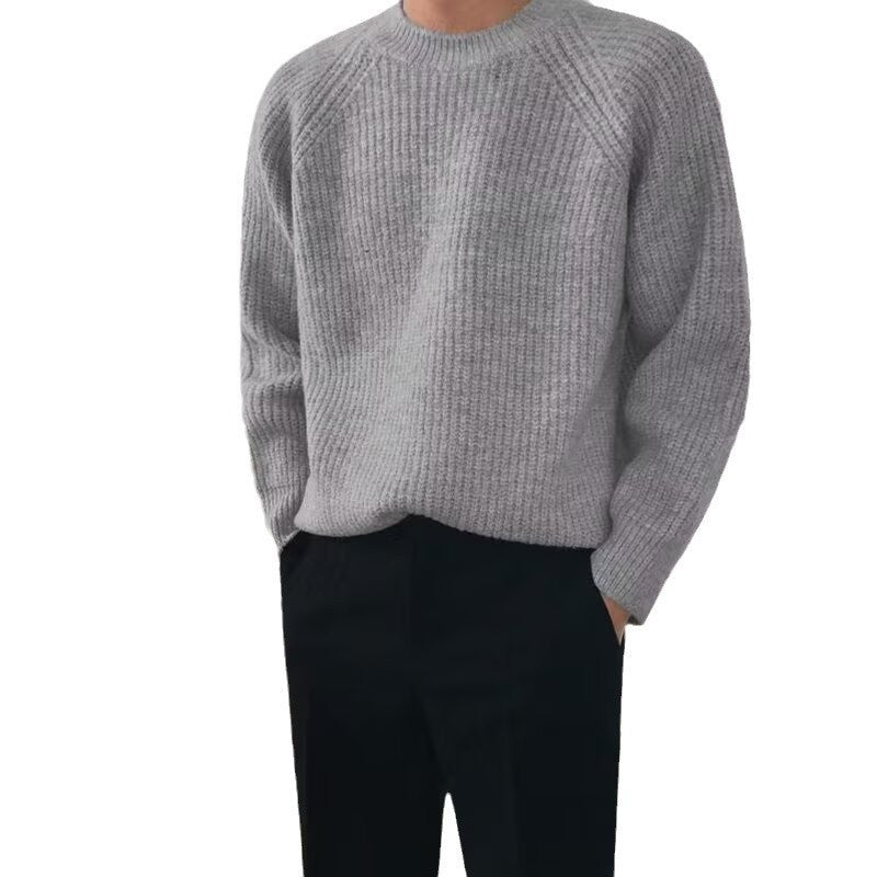 Retro Solid Color Round Neck Vertical Pattern Sweater men