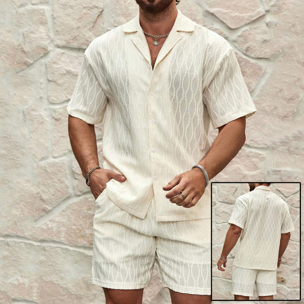 Men Summer Solid Loose Casual Two Pieces Lapel Button summer set