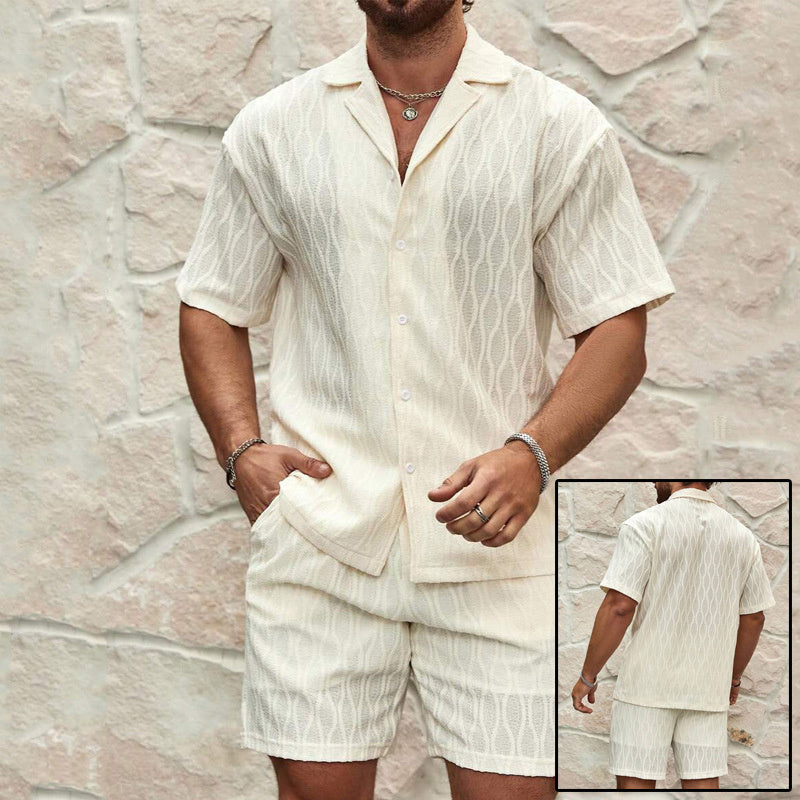 Men Summer Solid Loose Casual Two Pieces Lapel Button summer set