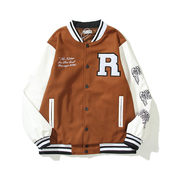 Skull Embroidery Leather Sleeve Stitching Baseball Jacket
