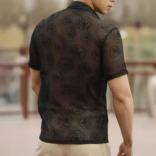 Men's Rose Flower Mesh See-through Button Short Sleeve shirt