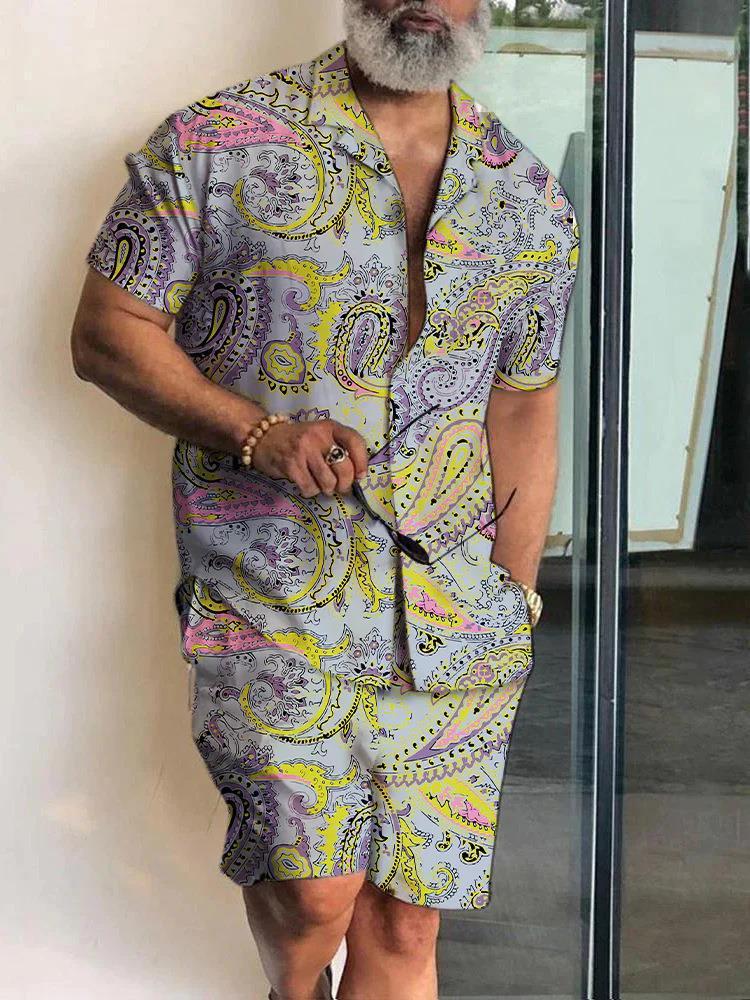 Men's Polo Collar 3D Printed Casual Slim Fit Shirt Shorts Suit