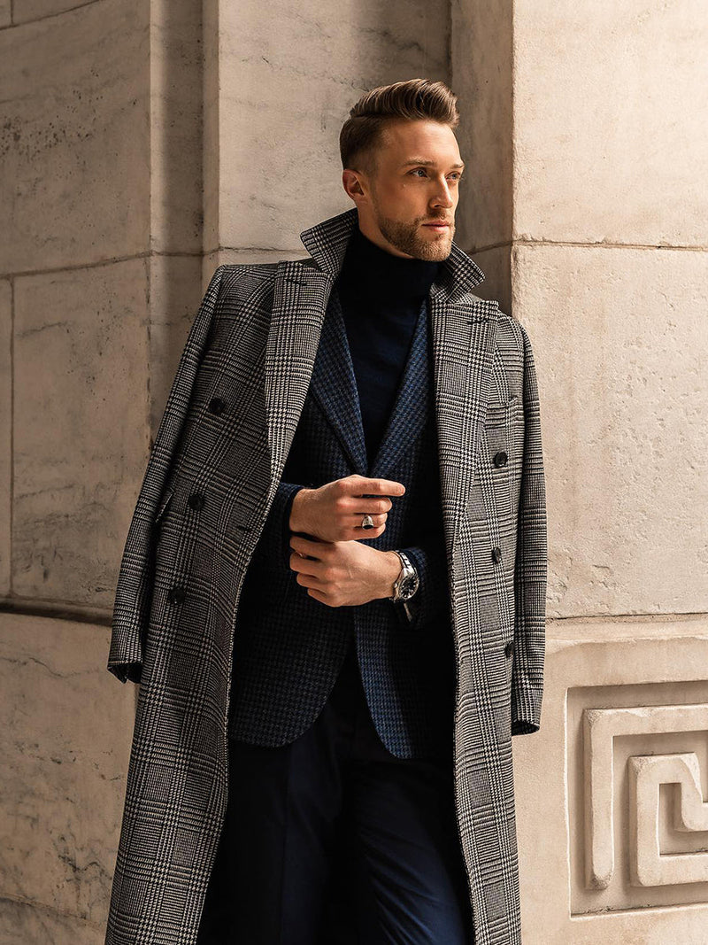 Woolen Double Breasted Checked Overcoat