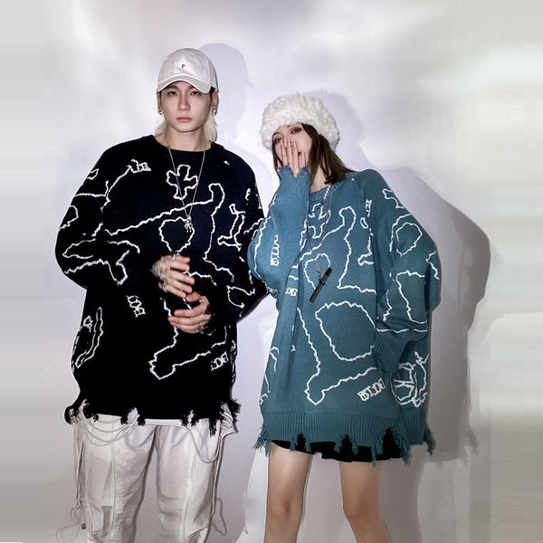 Blue Letter Jacquard Pullover Round Neck Winter sweater