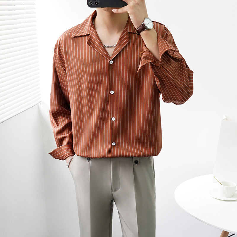 Men's Long-sleeved Striped Cuban Collar Loose Shirt