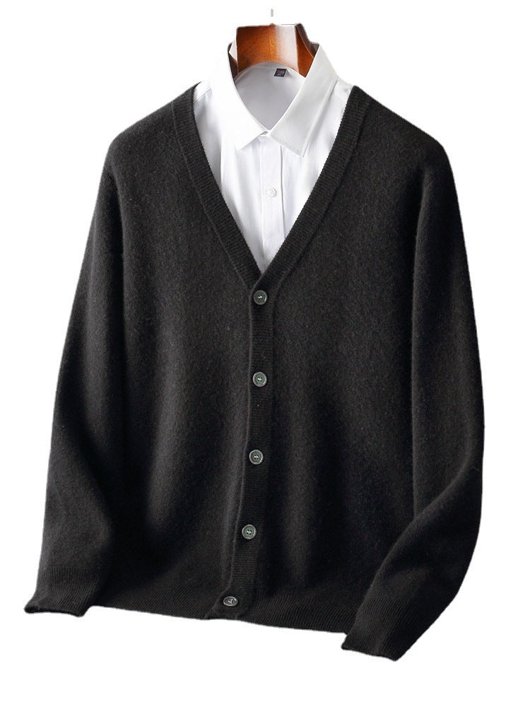 Pure Wool Cardigan Men's V-neck Solid Color Long Sleeve sweater