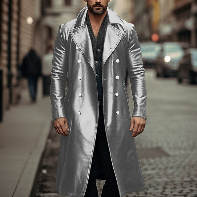 Double-breasted Leather Long Trench Coat