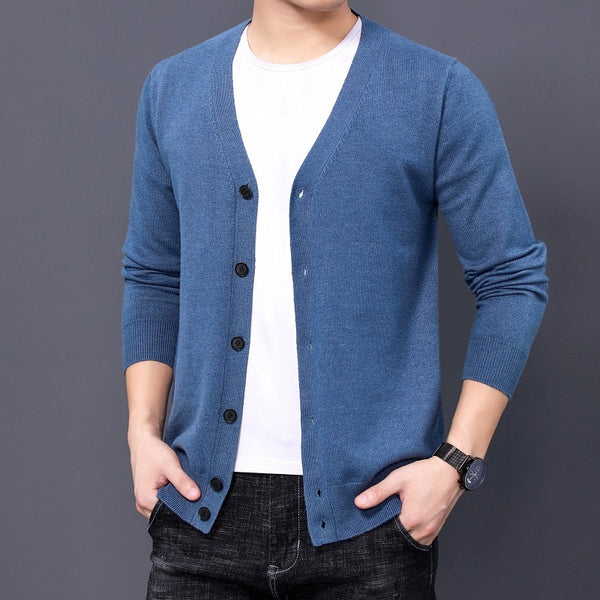 Men's Knitted Cardigan Solid Color And V-neck Sweater Coat For Men
